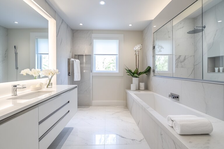 White and Grey Modern Marble Bathroom Design with Vanity