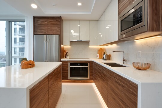 White and Walnut Contemporary L-Shaped Kitchen Design With High Gloss ...