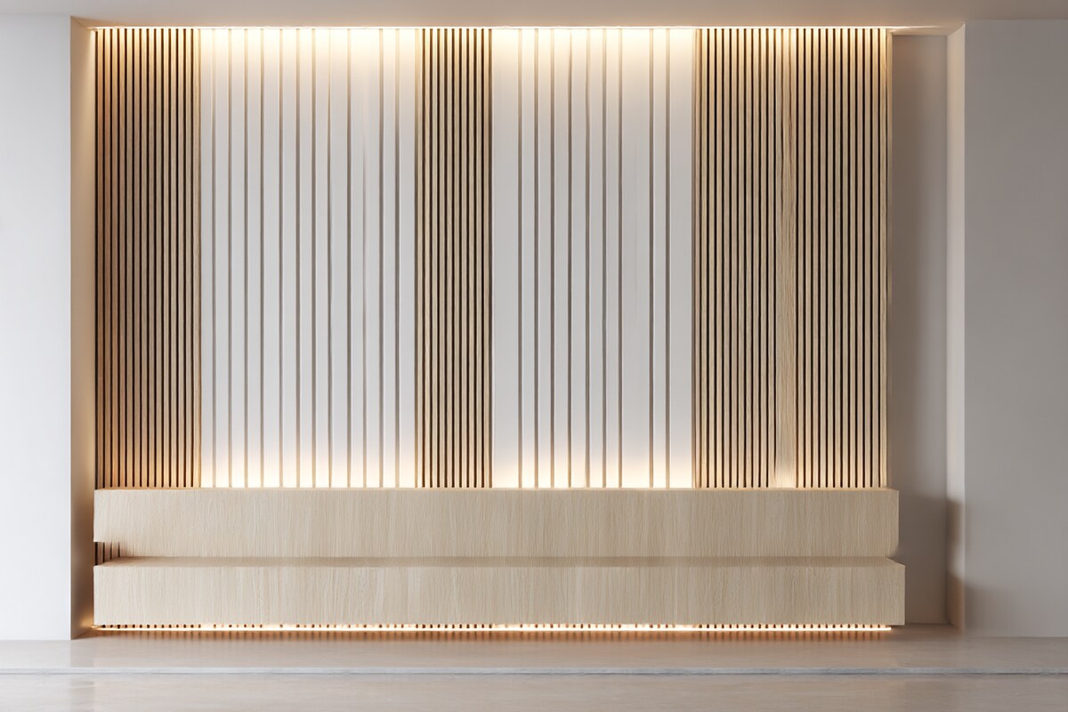 White and Wood Modern Panelled Wall Design with Vertical Grooves