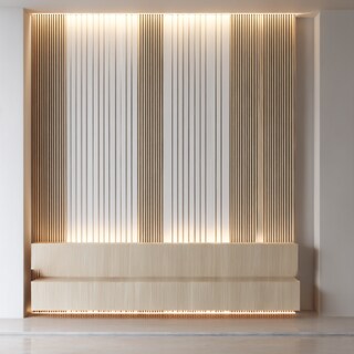 White and Wood Modern Panelled Wall Design with Vertical Grooves