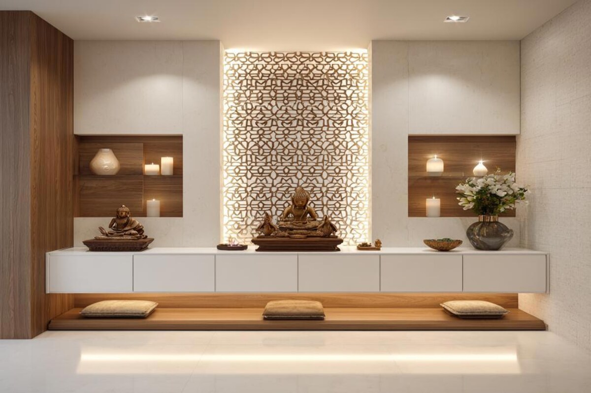 White and Wood Modern Pooja Room Design with Backlit Jali and Matte Finish Cabinets