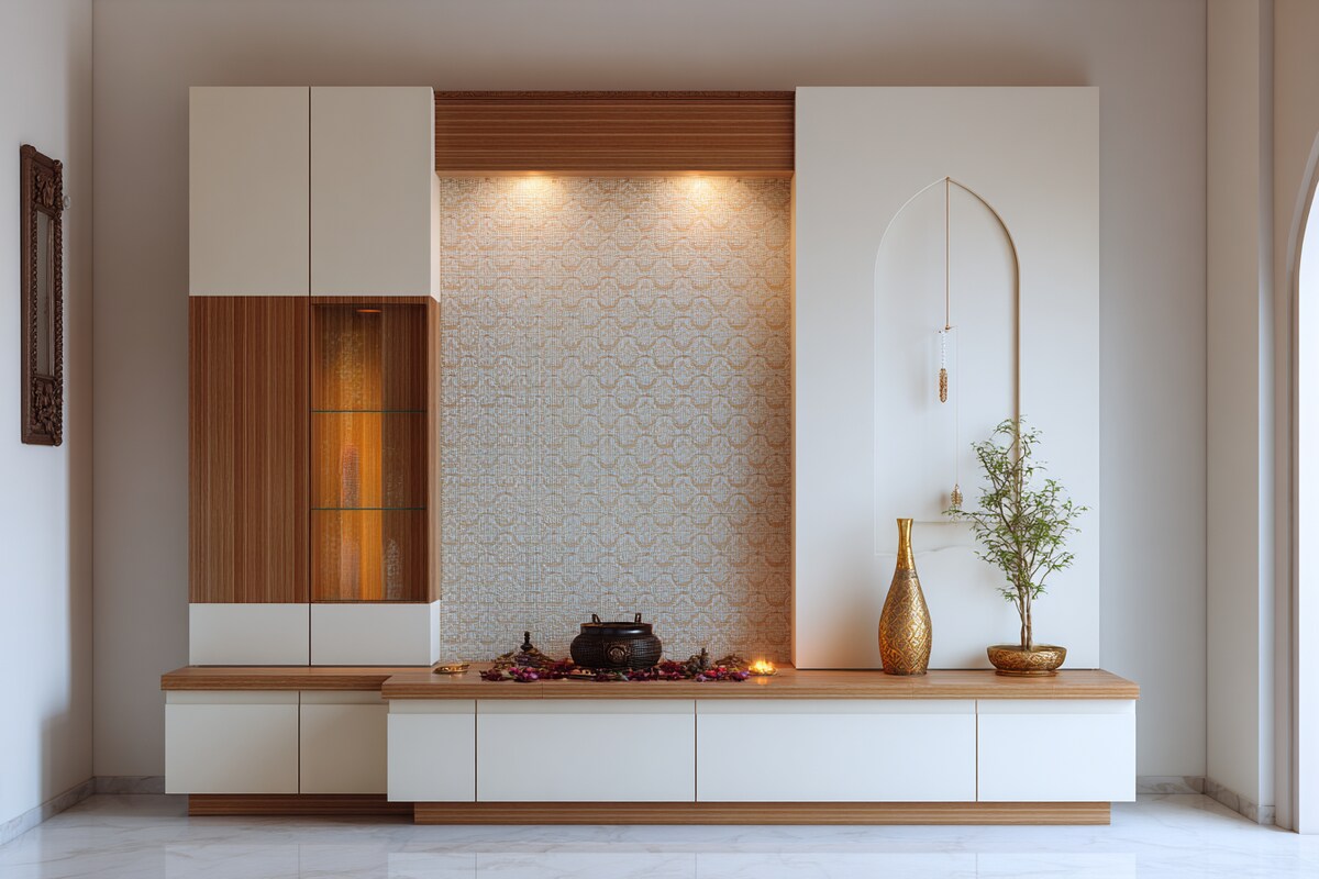 White And Wooden Contemporary Pooja Room Design White And Wooden Contemporary Pooja Room Design