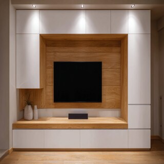White and Wooden Modern TV Unit Design with Floating Storage