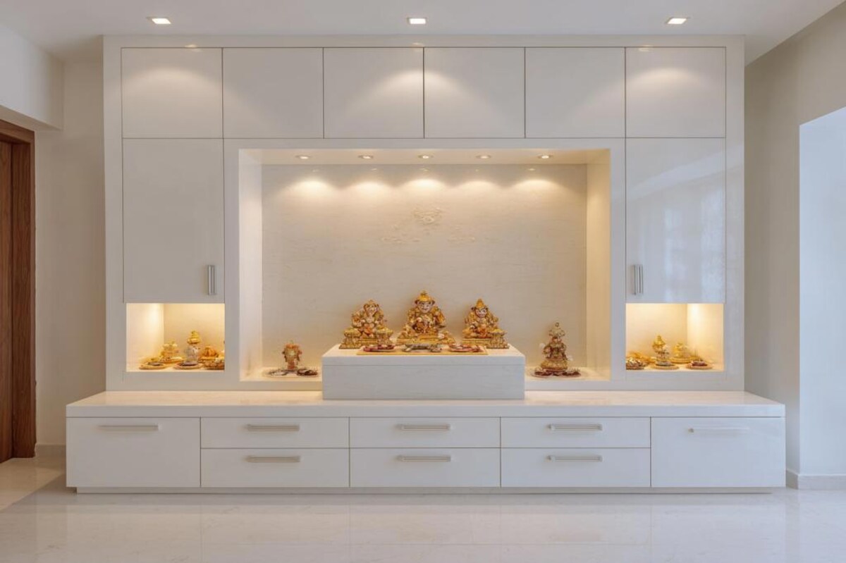 White Contemporary Floor Mounted Pooja Design with Drawers and Side Compartments White Contemporary Floor Mounted Pooja Design with Drawers and Side Compartments