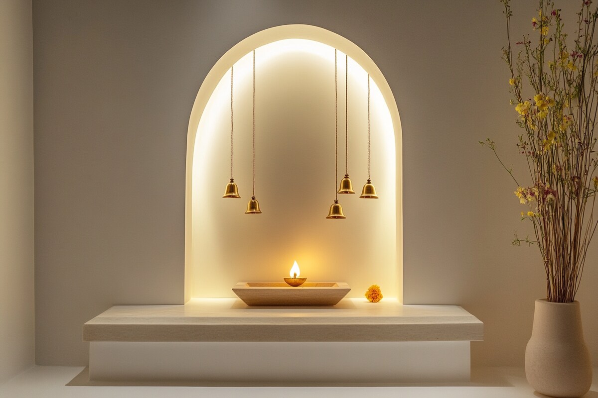 White Contemporary Pooja Unit Design with Golden Bells and Arch