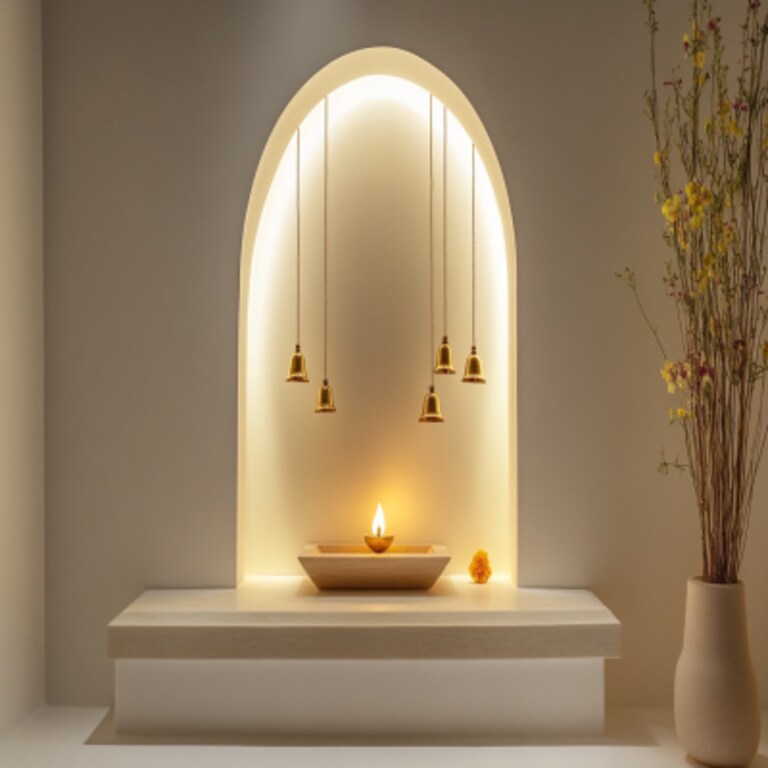 White Contemporary Pooja Unit Design with Golden Bells and Arch