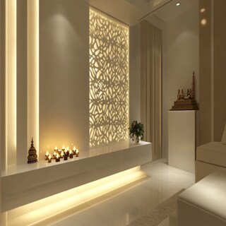 White Contemporary Pooja Unit Design with Warm Lighting