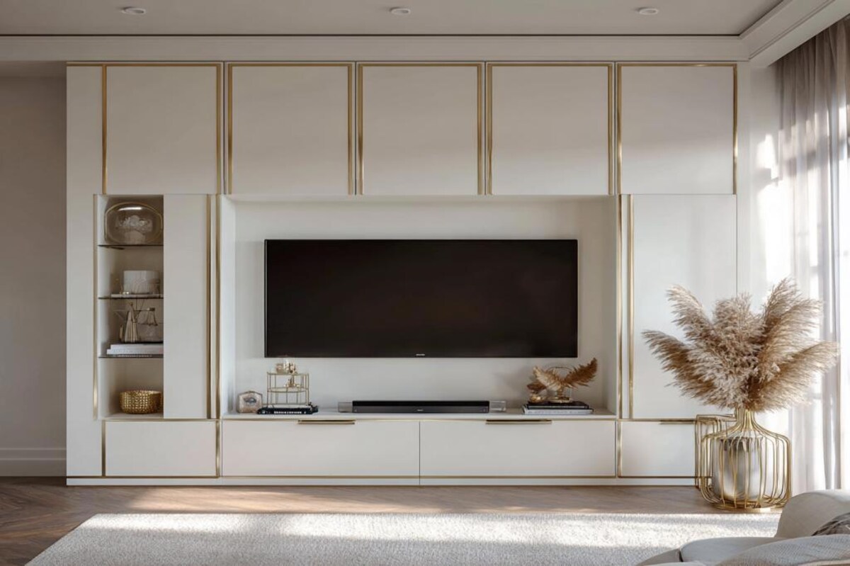 White Contemporary TV Unit Design with Gold Accents