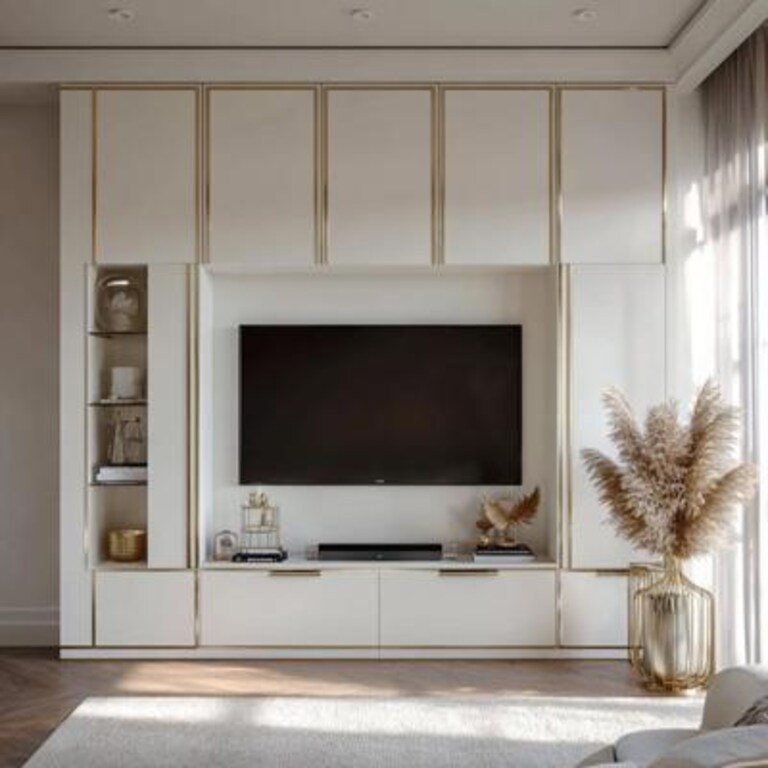White Contemporary TV Unit Design with Gold Accents