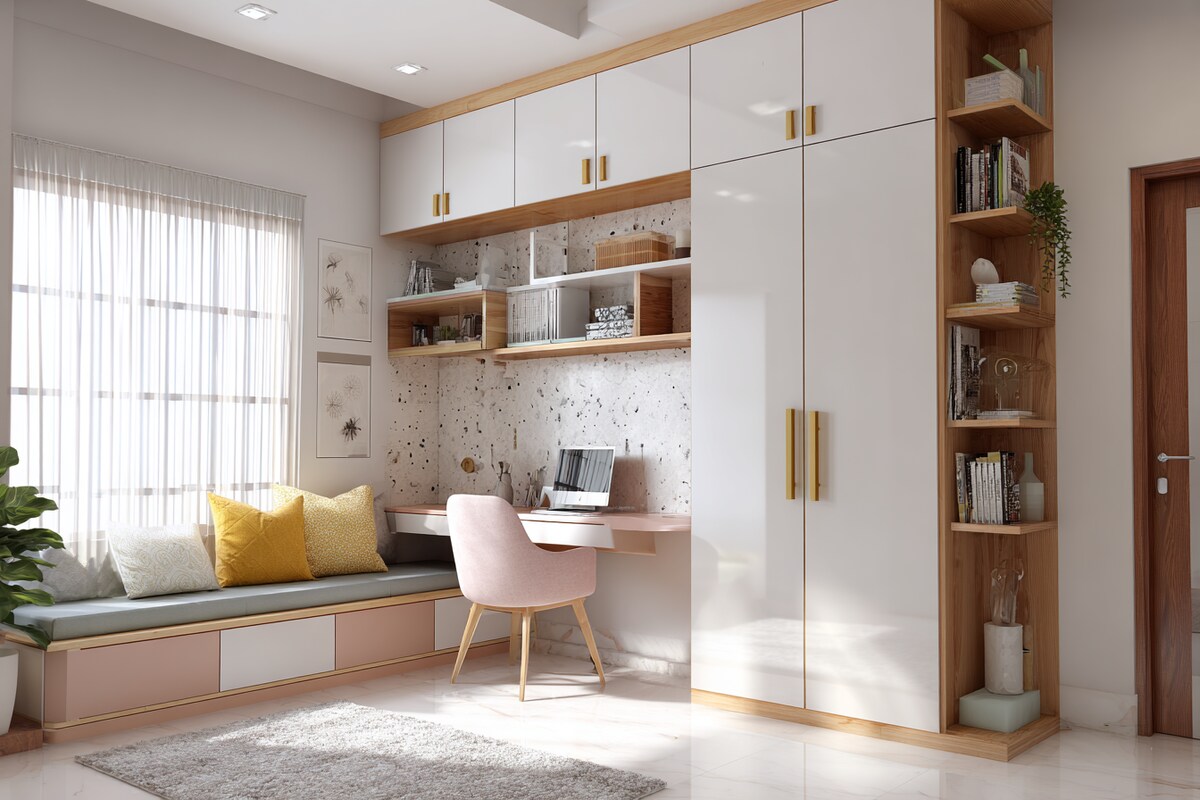 White Modern 2-Door Swing Wardrobe Design with Integrated Study Table White Modern 2-Door Swing Wardrobe Design with Integrated Study Table