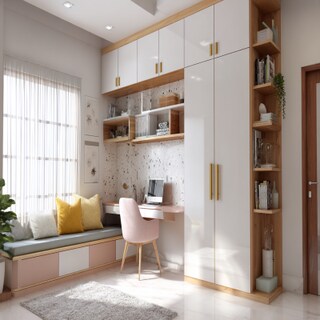 White Modern 2-Door Swing Wardrobe Design with Integrated Study Table