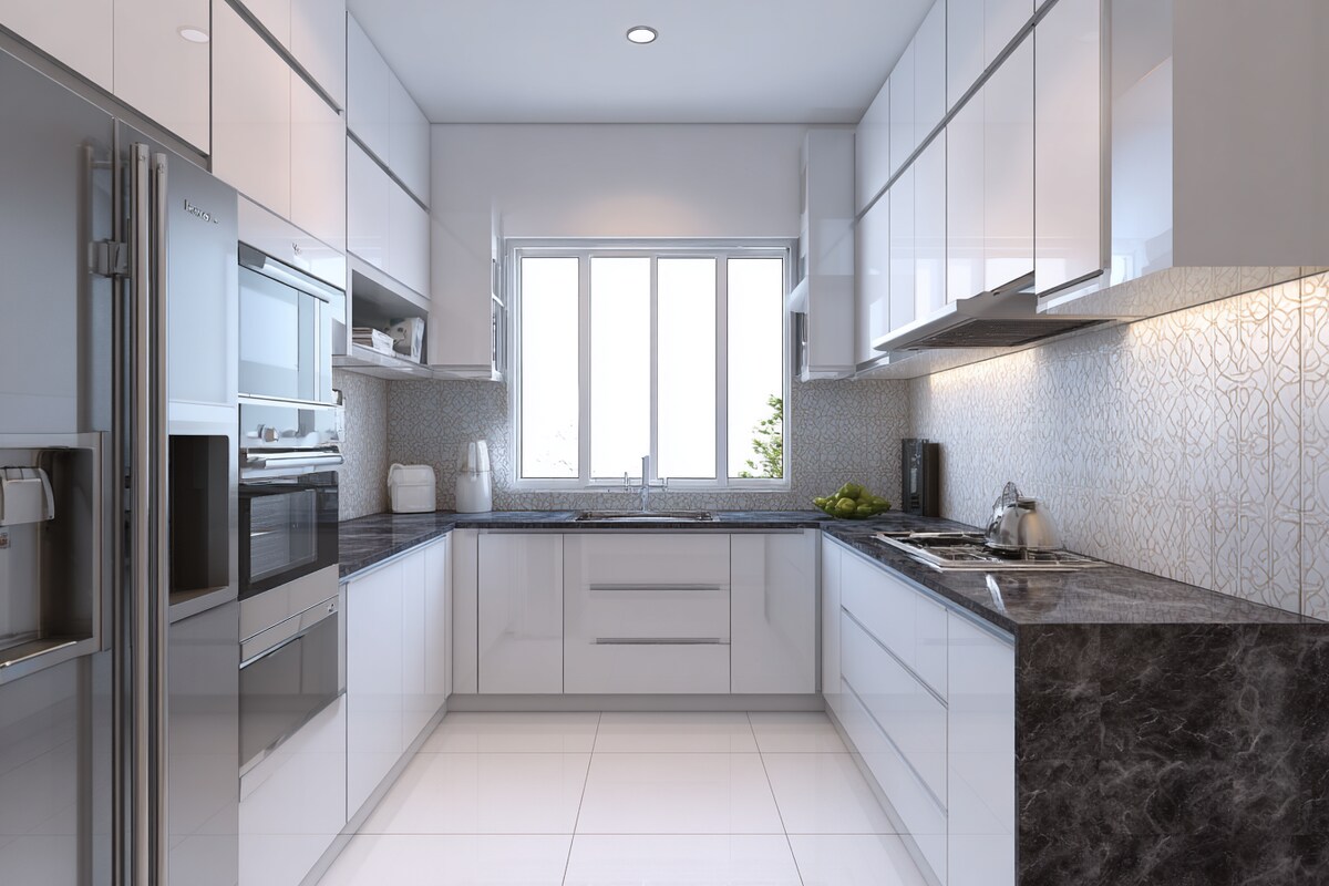 White Modern U Shaped Kitchen Design with Glossy Finish and Granite Top
