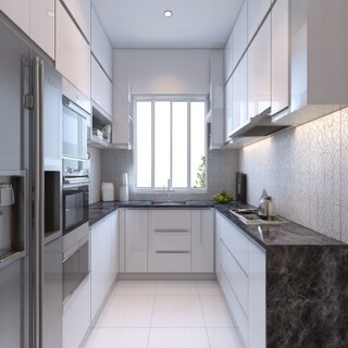 White Modern U Shaped Kitchen Design with Glossy Finish and Granite Top