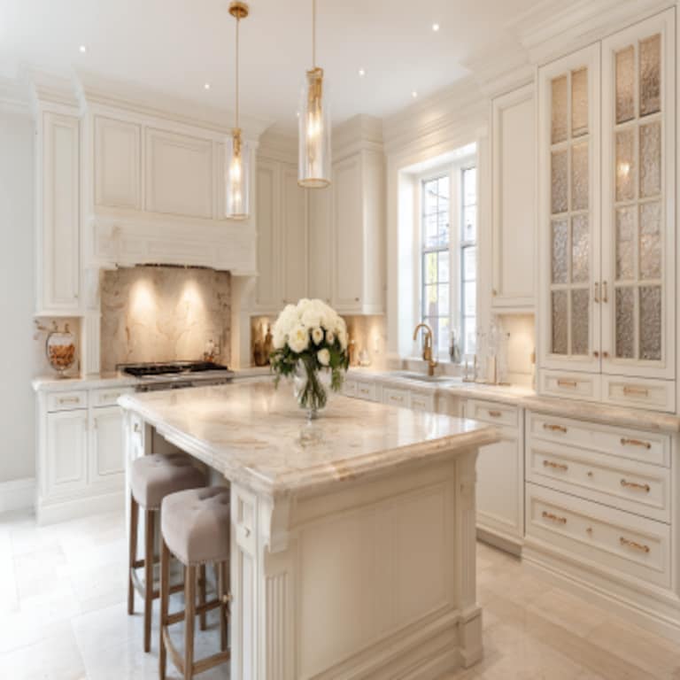 White Traditional Island Kitchen Design with Marble Countertop and Suede Finish