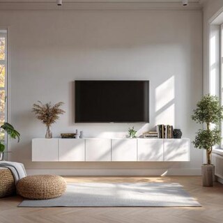 White Wall Mounted Contemporary TV Unit Design with Hidden Storage
