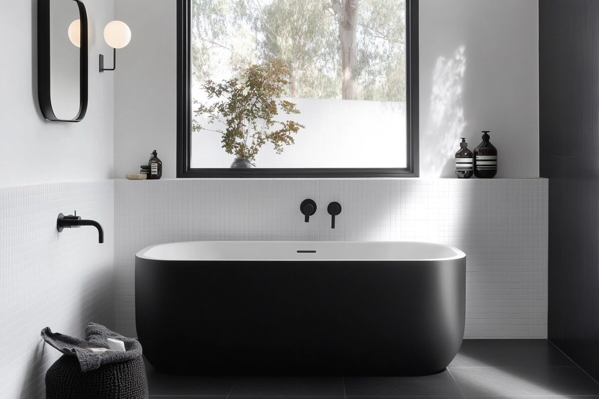 White-Walled Bathroom Design with Black Tiles and Modern Fixtures