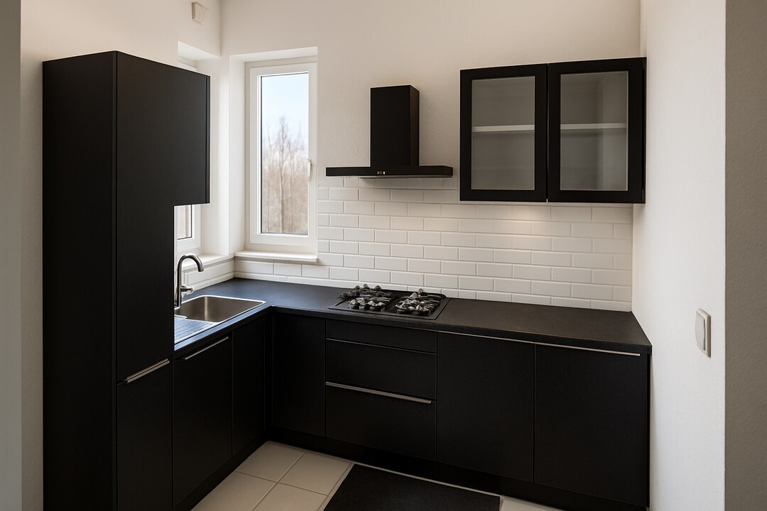 Minimalist L Shaped Matte Black Kitchen Design