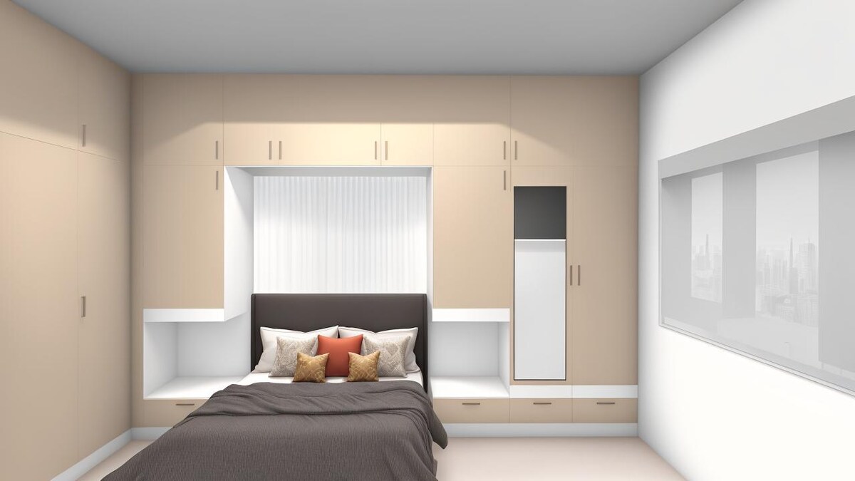 Bedroom with Full Width Storage Wall