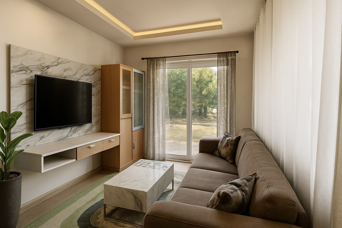 Compact Modern Beige Living Room Design with Marble TV Wall