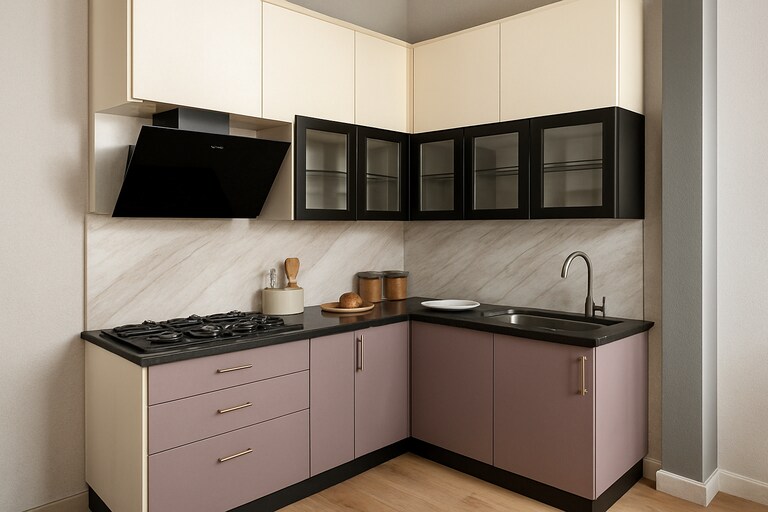 Contemporary Mauve and Cream L Shaped Kitchen with Glass Cabinets