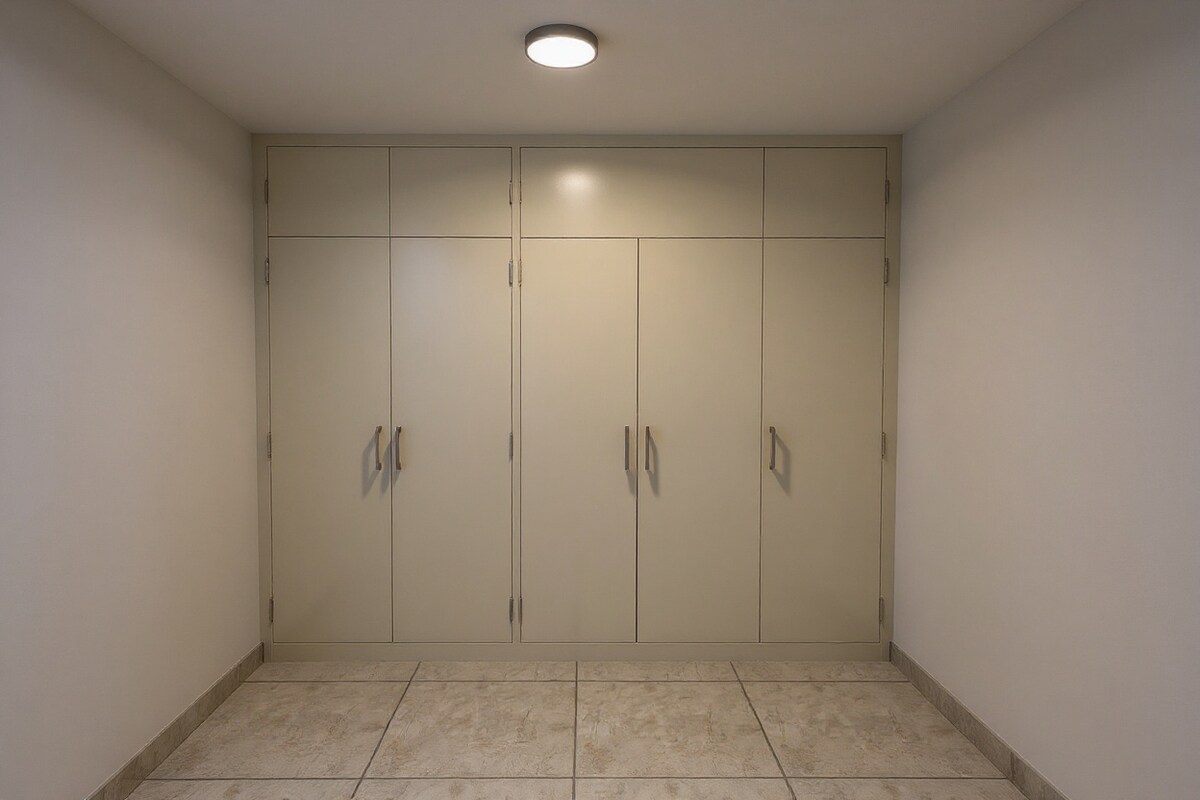 Soft Beige Hinged Wardrobe with Loft Cabinets