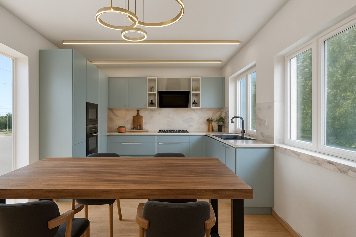 Large Matte Finish Modern LShaped Modular Kitchen Design with Dining Table