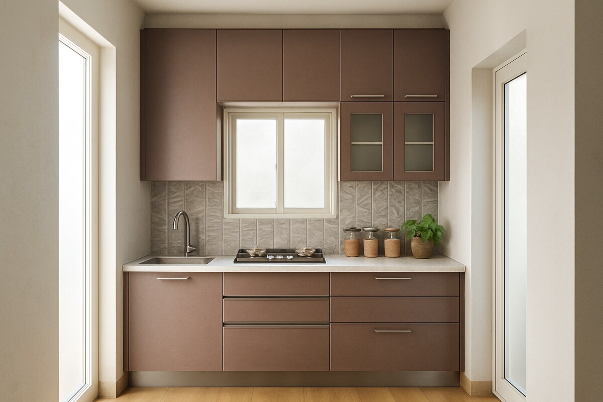 Contemporary Brown Straight Kitchen with Window