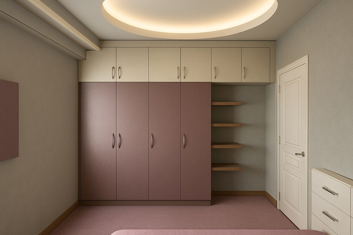 Two Tone Floor to Ceiling Wardrobe with Open Side Shelves