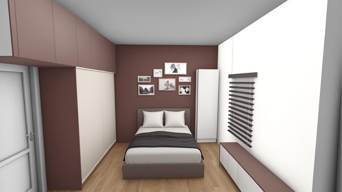 Bedroom with Brown Accent Wall and Compact Storage