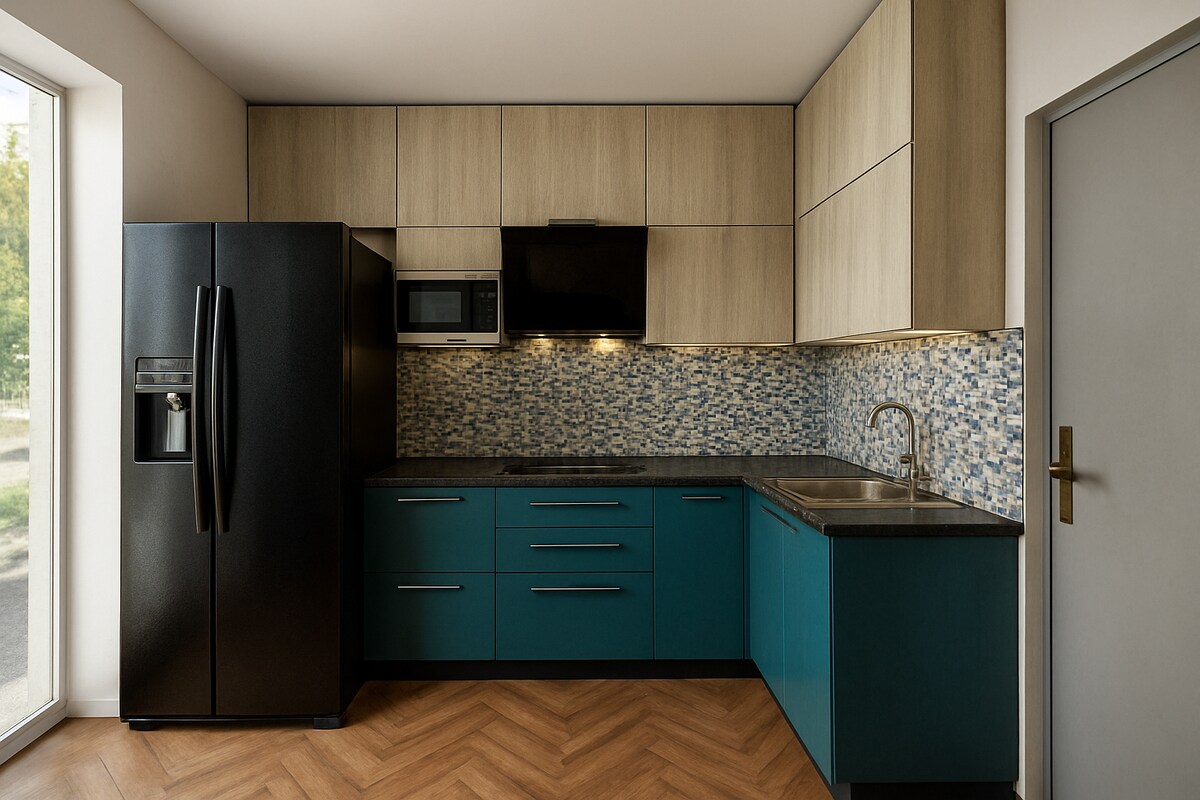 Contemporary Teal and Wood L Shaped Kitchen with Mosaic Backsplash