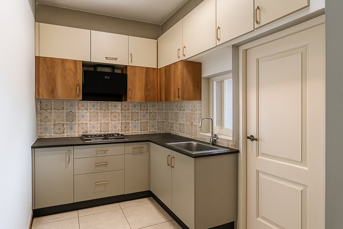 Contemporary Cream and Wood L Shaped Kitchen with Patterned Backsplash