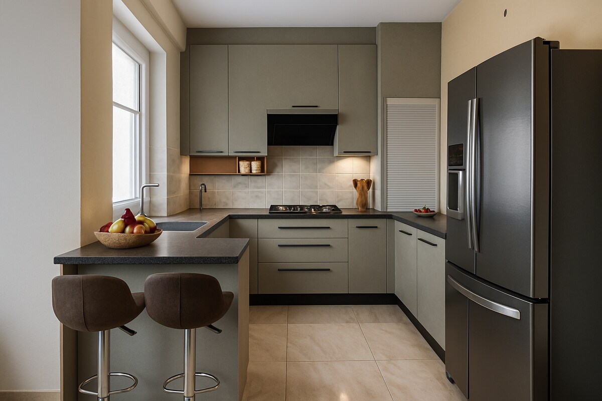 Medium Matte Finish Modern L Shaped Modular Kitchen Design with Breakfast Counter