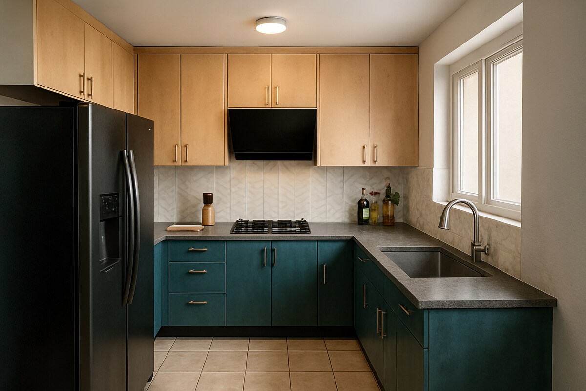 Wood and Teal L Shaped Kitchen with Warm Contrast