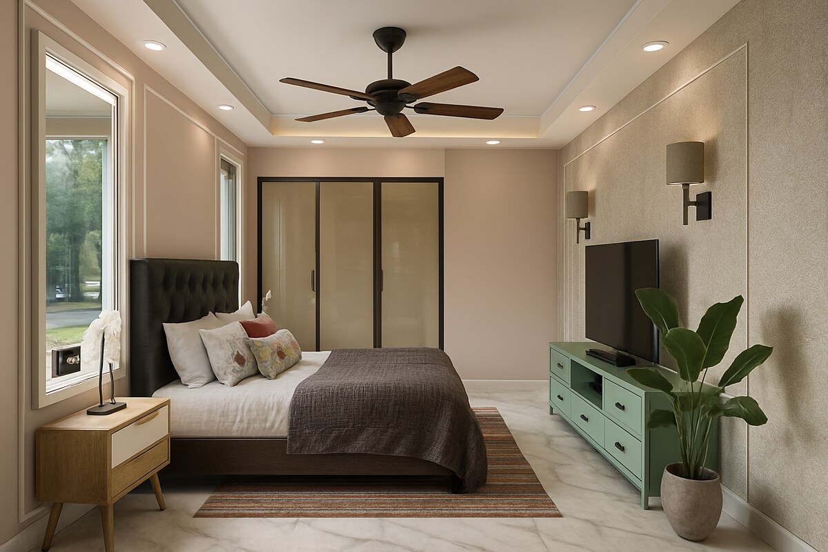 Master Bedroom with Marble Flooring and Textured Wall