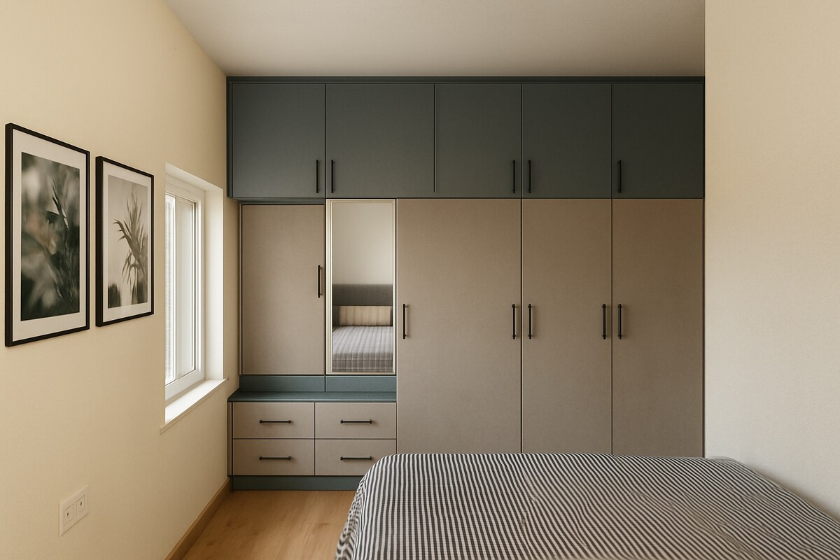 Two Tone Floor to Ceiling Wardrobe with Dresser Unit