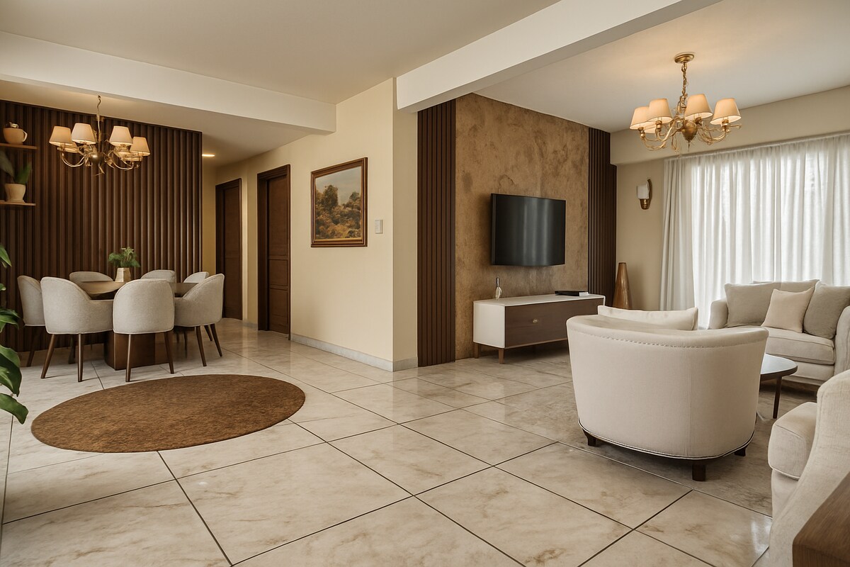 Large Contemporary Beige Open Living Room Design with Dining Area