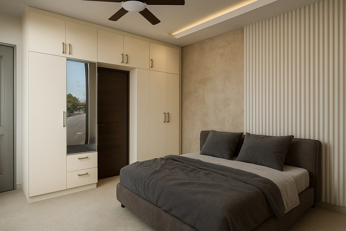 Bedroom with Cream Wardrobes and Textured Wall