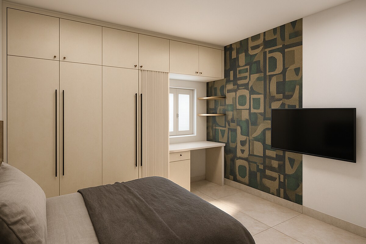 Minimal Beige Wardrobe with Integrated Work Desk