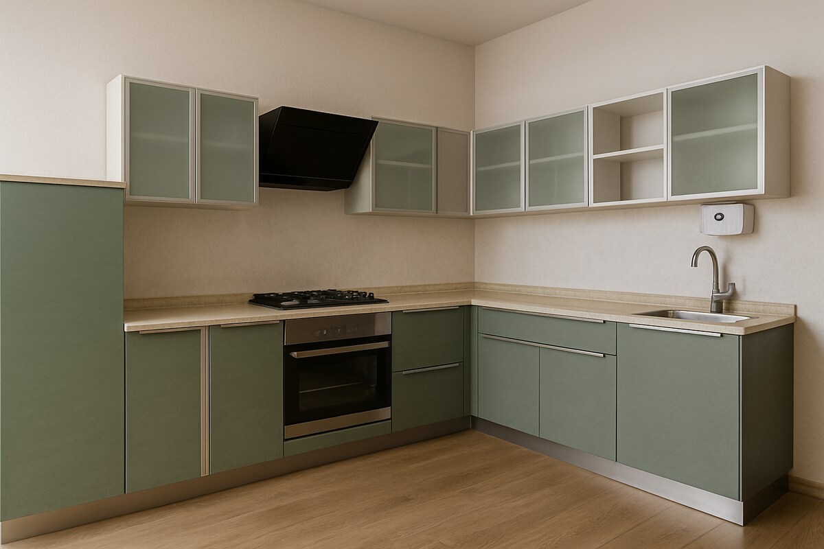Scandinavian Sage Green L Shaped Kitchen