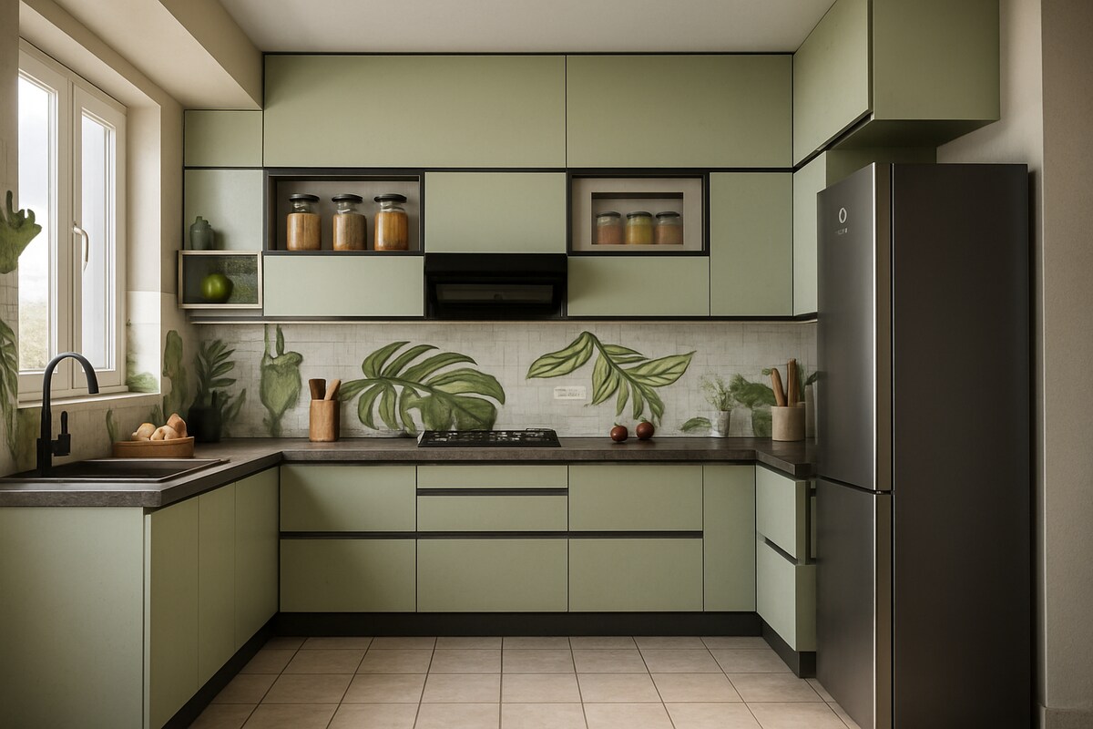 Contemporary Sage Green U Shaped Modular Kitchen