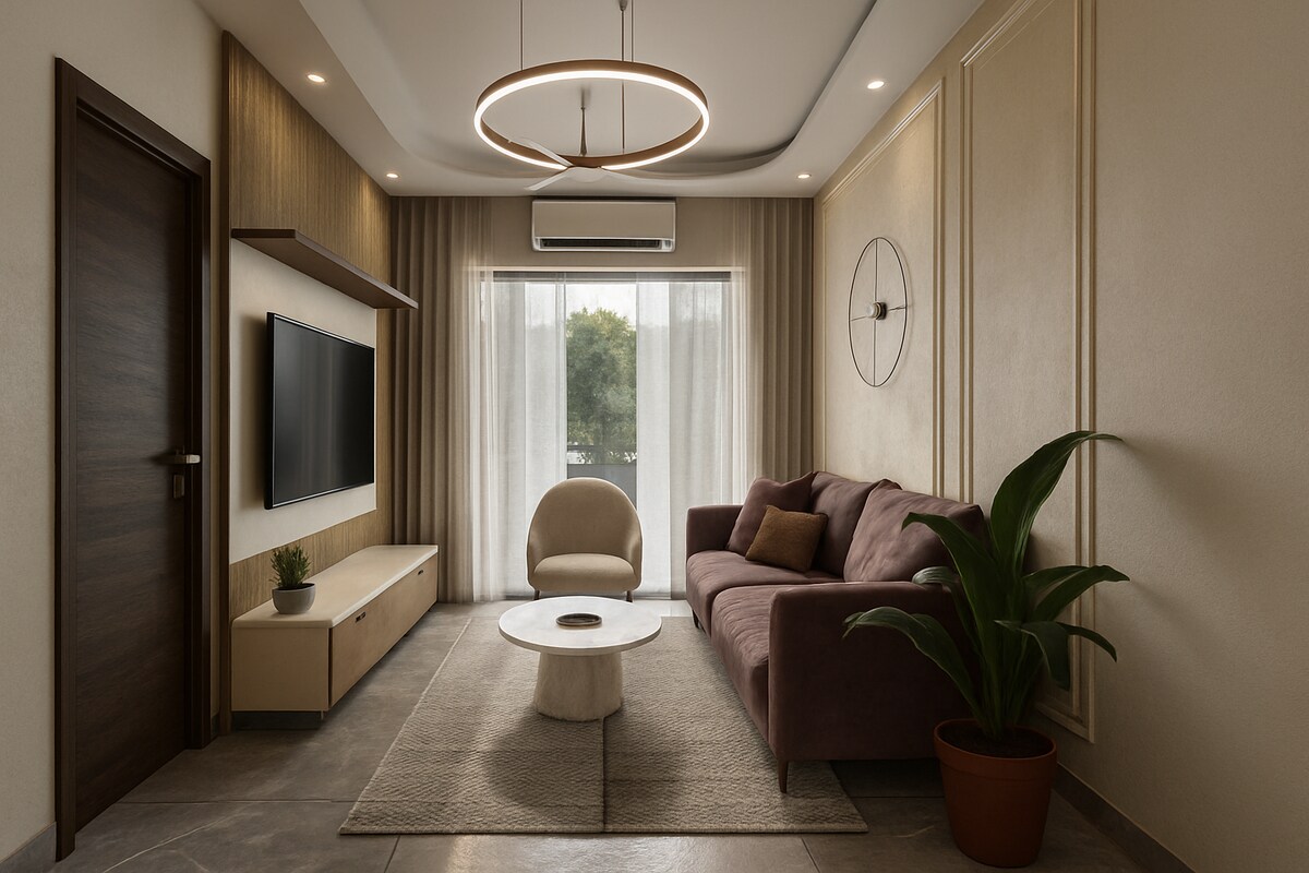 Compact Modern Neutral Living Room Design with Warm Sofa Accent