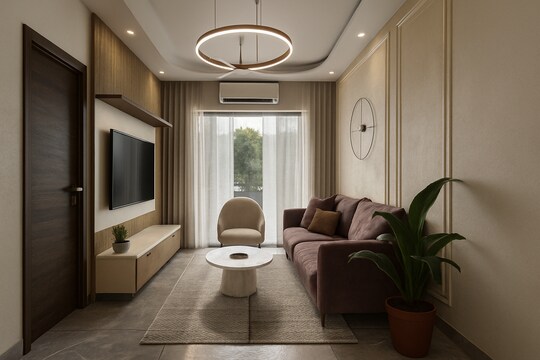 Compact Modern Neutral Living Room Design with Warm Sofa Accent