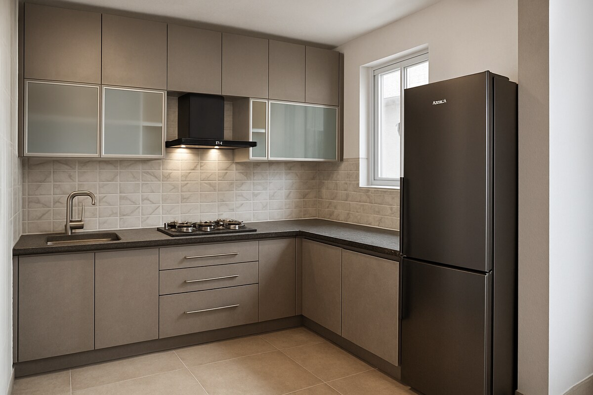 Contemporary Grey L Shaped Kitchen with Frosted Glass Cabinets Contemporary Grey L Shaped Kitchen with Frosted Glass Cabinets