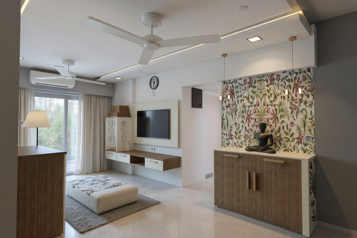 Modern Living Room Design with Floral Accent Wall and Floating TV Unit