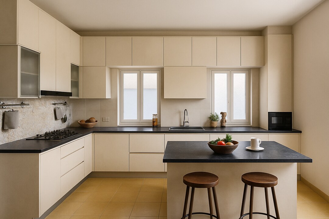 Contemporary Cream Island Kitchen with Minimal Layout