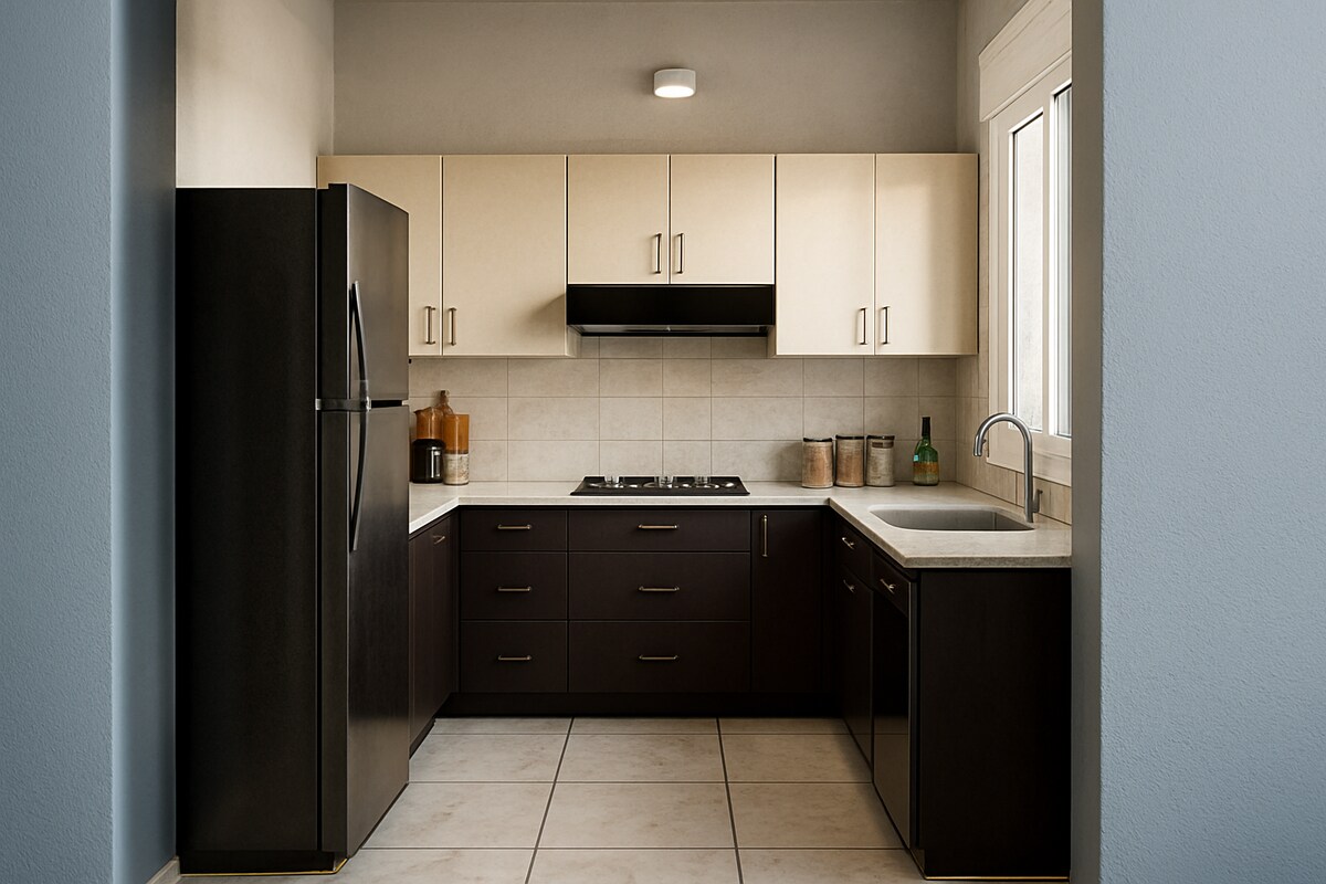 Contemporary Two Tone U Shaped Kitchen in Cream and Brown