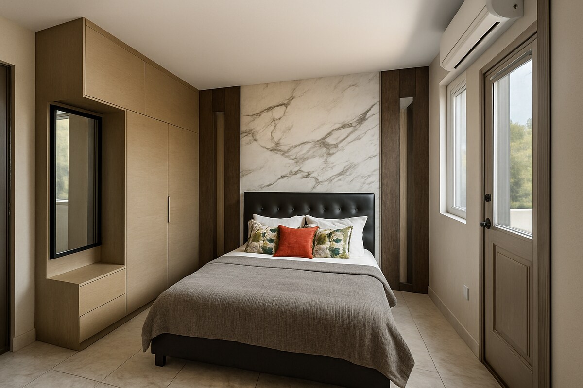 Master Bedroom with Marble Accent Wall and Wardrobe Storage