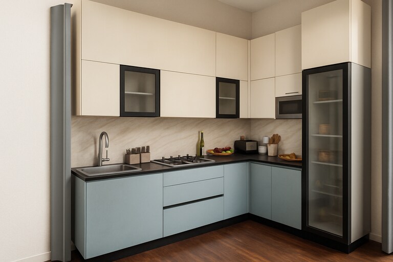 Modern Two Tone L Shaped Kitchen with Glass Storage