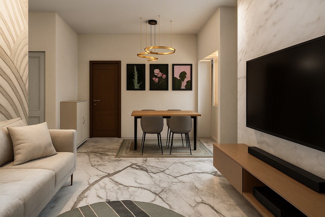 Modern Open Living Room Design with Dining Setup and Marble TV Wall