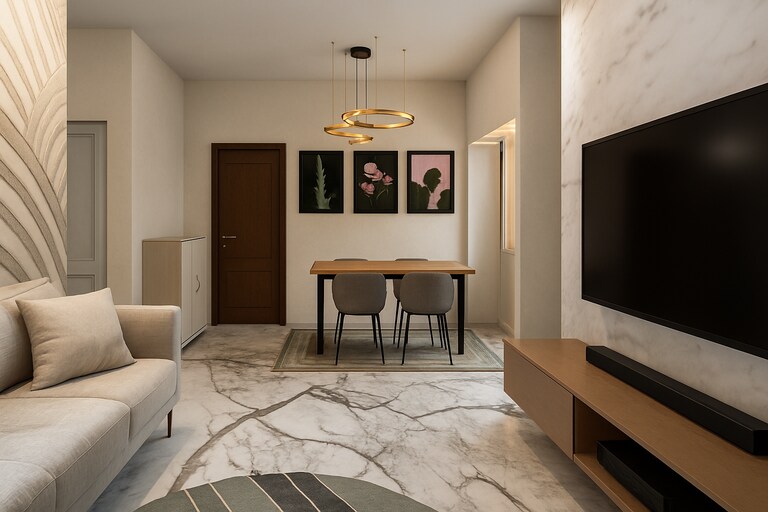 Modern Open Living Room Design with Dining Setup and Marble TV Wall